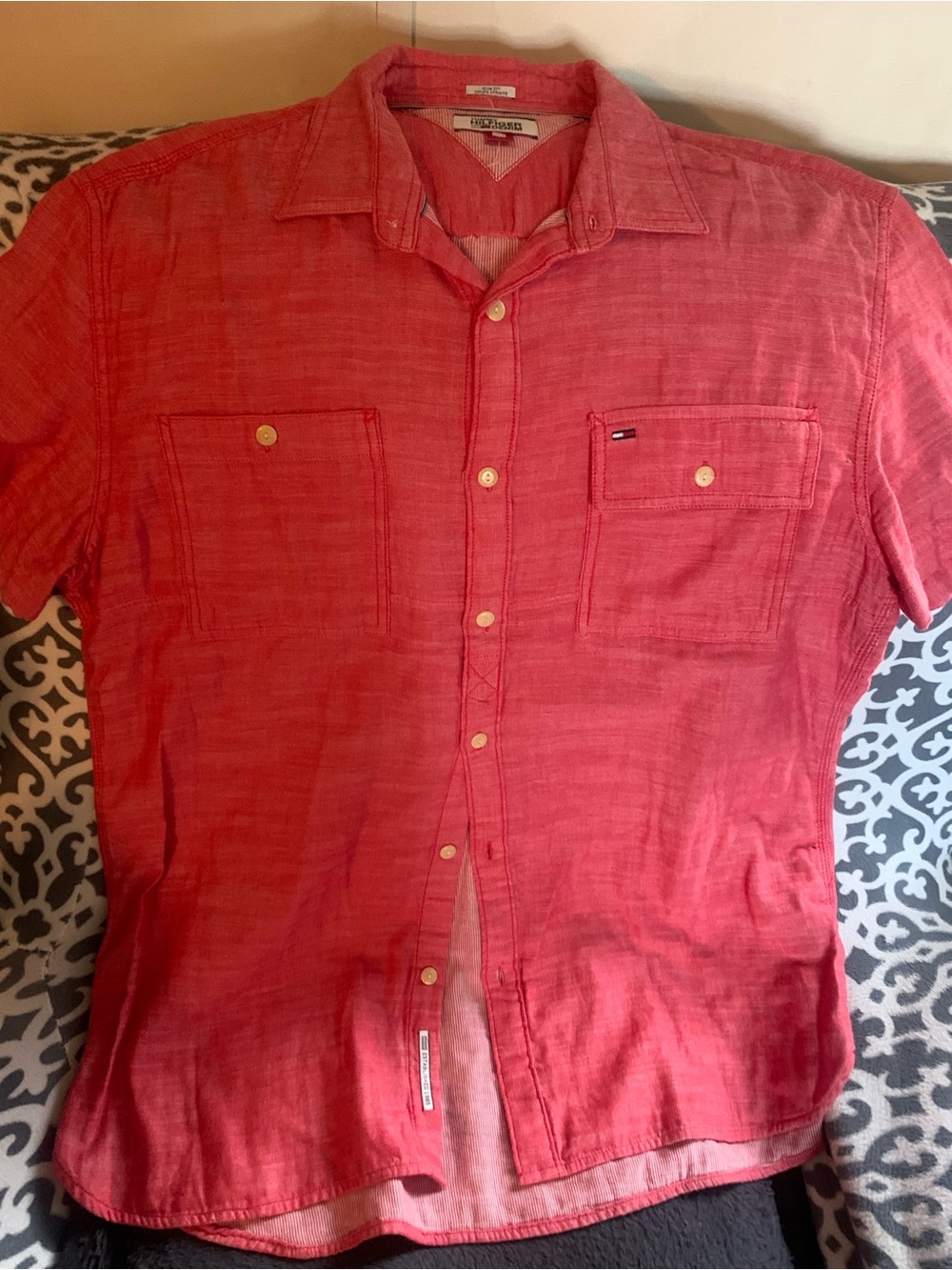 Tommy Hilfiger Coral-Red Short Sleeve Button-Down Shirt